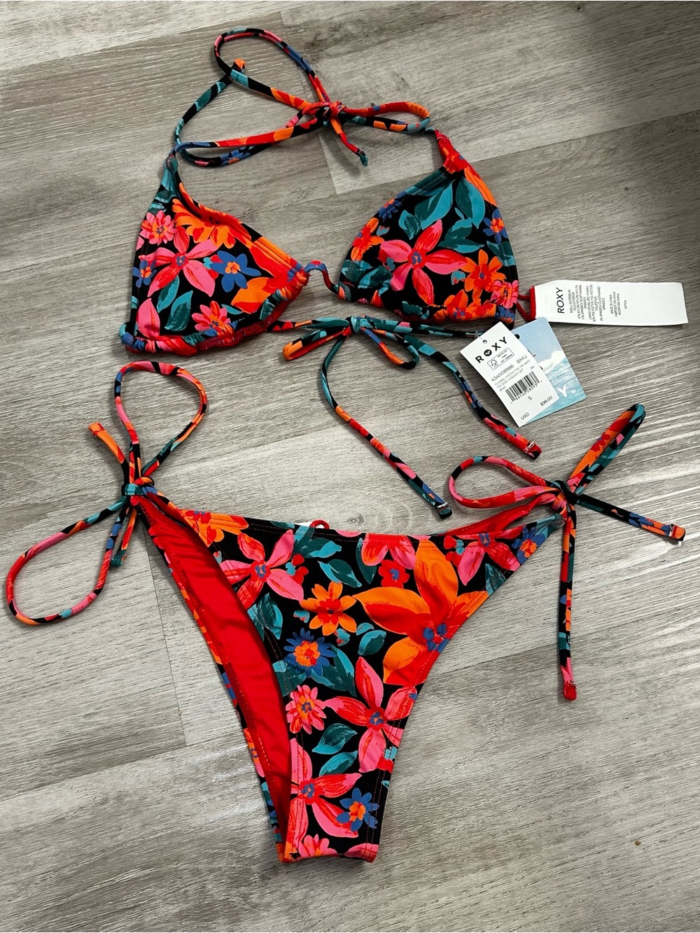 Roxy Tropical Floral Tie-Side Bikini - Black with Red & Pink Flowers nwt